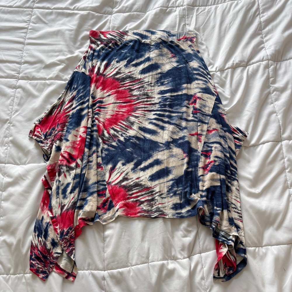 Coin 1904 Womens Large Tie Dye Handkerchief Hem Midi Skirt Red White Blue